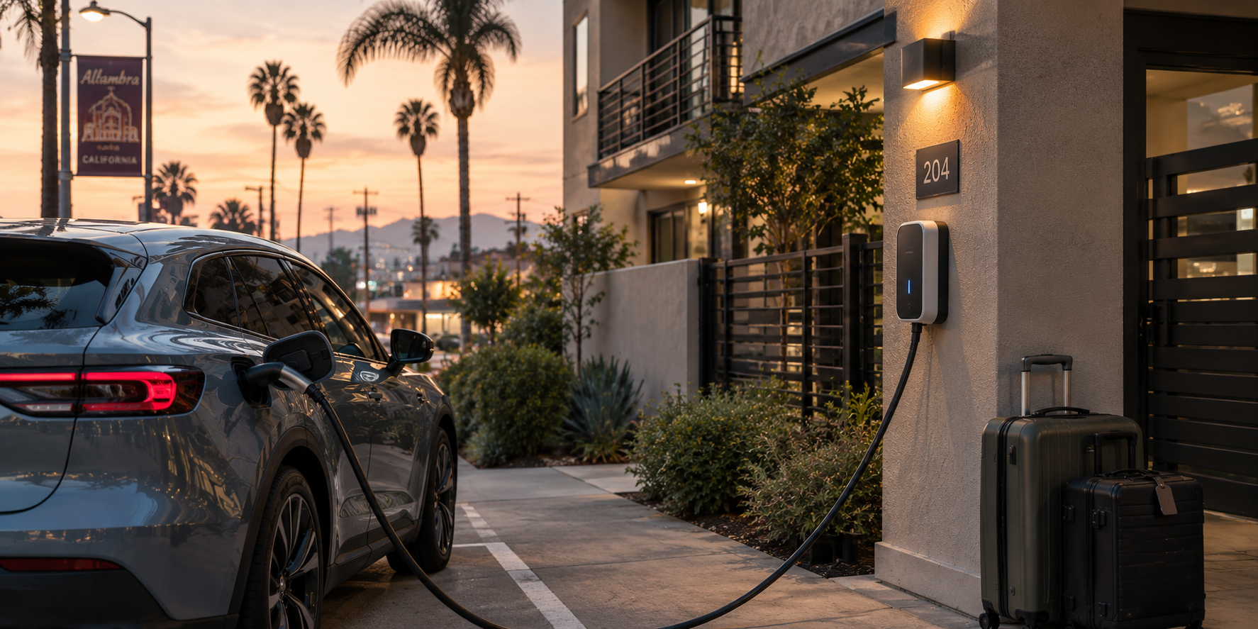 Electric vehicle charging at a wall-mounted Level 2 charger outside a multifamily property in Alhambra, California, with luggage nearby at dusk.